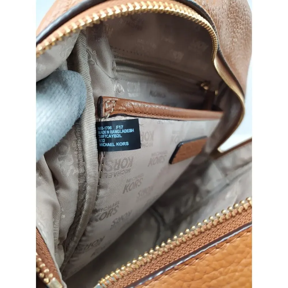 Michael Kors Tan Brown Pebbled Leather Pocket Zip Around Backpack